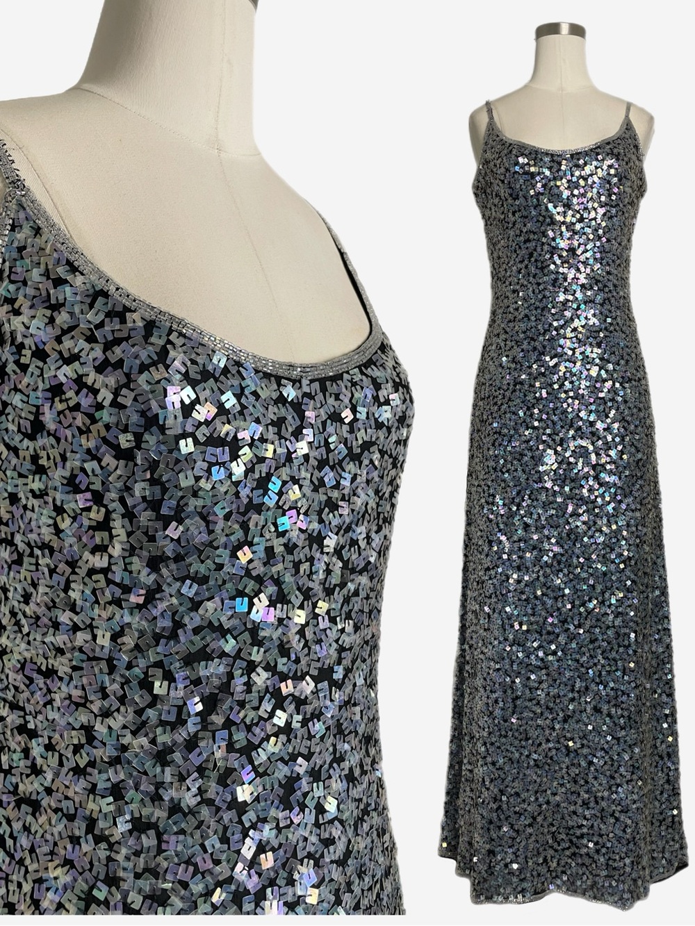 Vintage 90s Papell Boutique Black silver iridescent mosaic sequin silk gown S/M